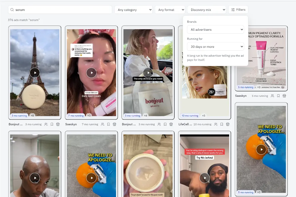 L’écran Explorer de app.mycrea.co : une grille de publicités
